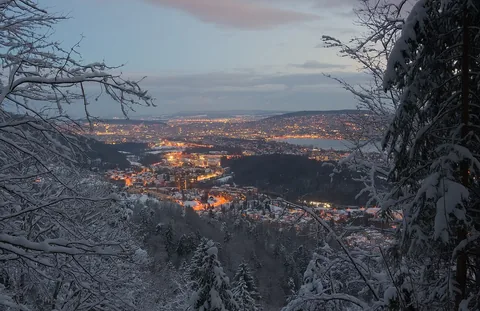 Zurich and the lower Sihl valley seen from a viewpoint close to Felsenegg at the blue hour in the morning.