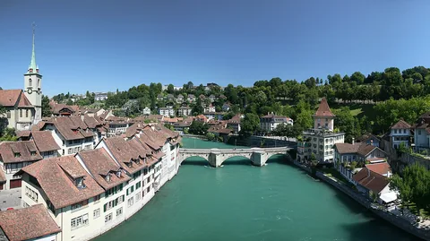 View from the Nydegg bridge on the river Aaare in Bern, Switzerland.