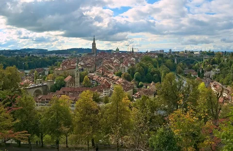 Cityscape of the old town of Bern, Switzerland, seen from the path leading up to Rosengarten.